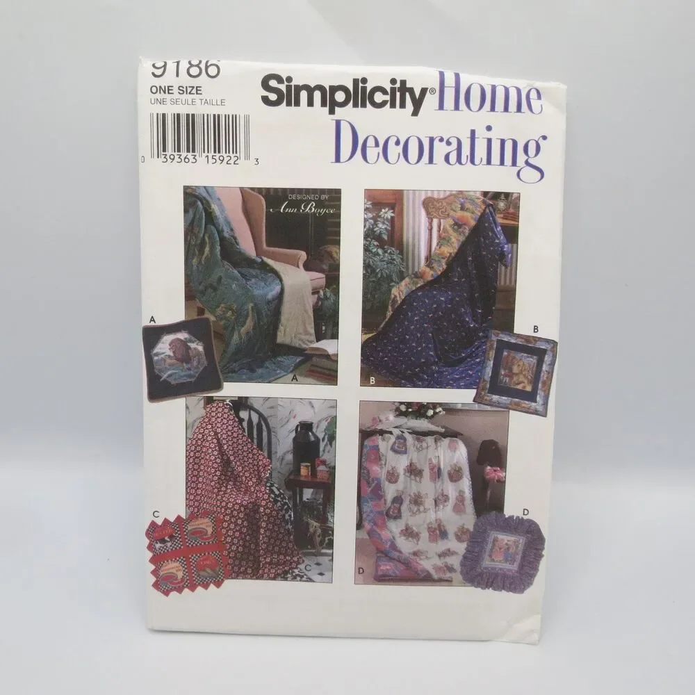 Simplicity 9186 Home Decorating Pillow Quilt Throw One Size 90s Craft Pattern